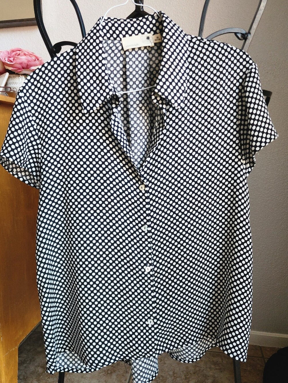 Polka Dot Short-Sleeve Button-Up Top - Black/White